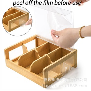 Caja de almacenamiento de bolsitas de té de madera, organizador de escritorio compartimentado rectangular transparente con tapa abatible para cocina y sala de estar - Product Image 5