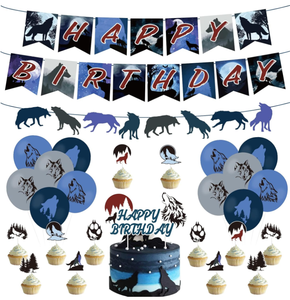 Set Decorazioni per Festa di Compleanno a Tema Lupo: Striscioni, Bandierine, Ghirlande, Decorazioni per Torte e Cupcake, Palloncini in Lattice Stampati - Product Image 1