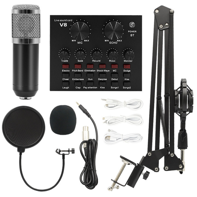 Bm800 V8 Karaoke Microphone Set Noise Cancelling Lightweight Condenser Microphone Sound Card Mixer Adjustable Voice Sound