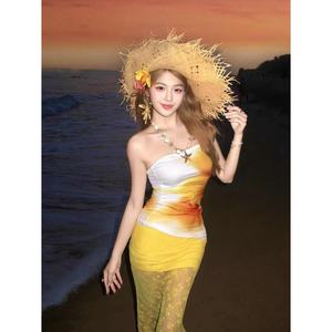 Conjunto de 1 Pieza para Mujer, Top sin Tirantes con Estampado Floral, Falda Brasileña de Tul con Encaje, Traje de Playa Elástico de Poliéster/Algodón, Asimétrico con Perlas - Product Image 2