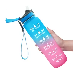 Botol air plastik olahraga, cetak logo kustom 32oz 1000ml BPA bebas tritan motivasi gym dengan sedotan dan penanda waktu