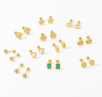 Boucles d'oreilles clous en or massif 18 carats AU750, motifs papillon, boule, cœur et trèfle à quatre feuilles avec motif floral diamanté