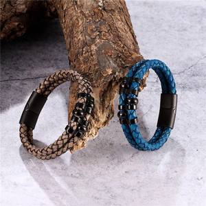 Pulsera de Hilo de Cuero Trenzado Azul con Cuentas Negras Chapadas en Plata y Cierre Magnético, Estilo Deportivo Casual Unisex - Product Image 4