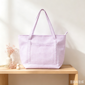 Sac <span class=keywords><strong>à</strong></span> main matelassé en gingham doux avec poche avant, sac fourre-tout léger en tissu écossais <span class=keywords><strong>Vichy</strong></span> pour le shopping - Product Image 2