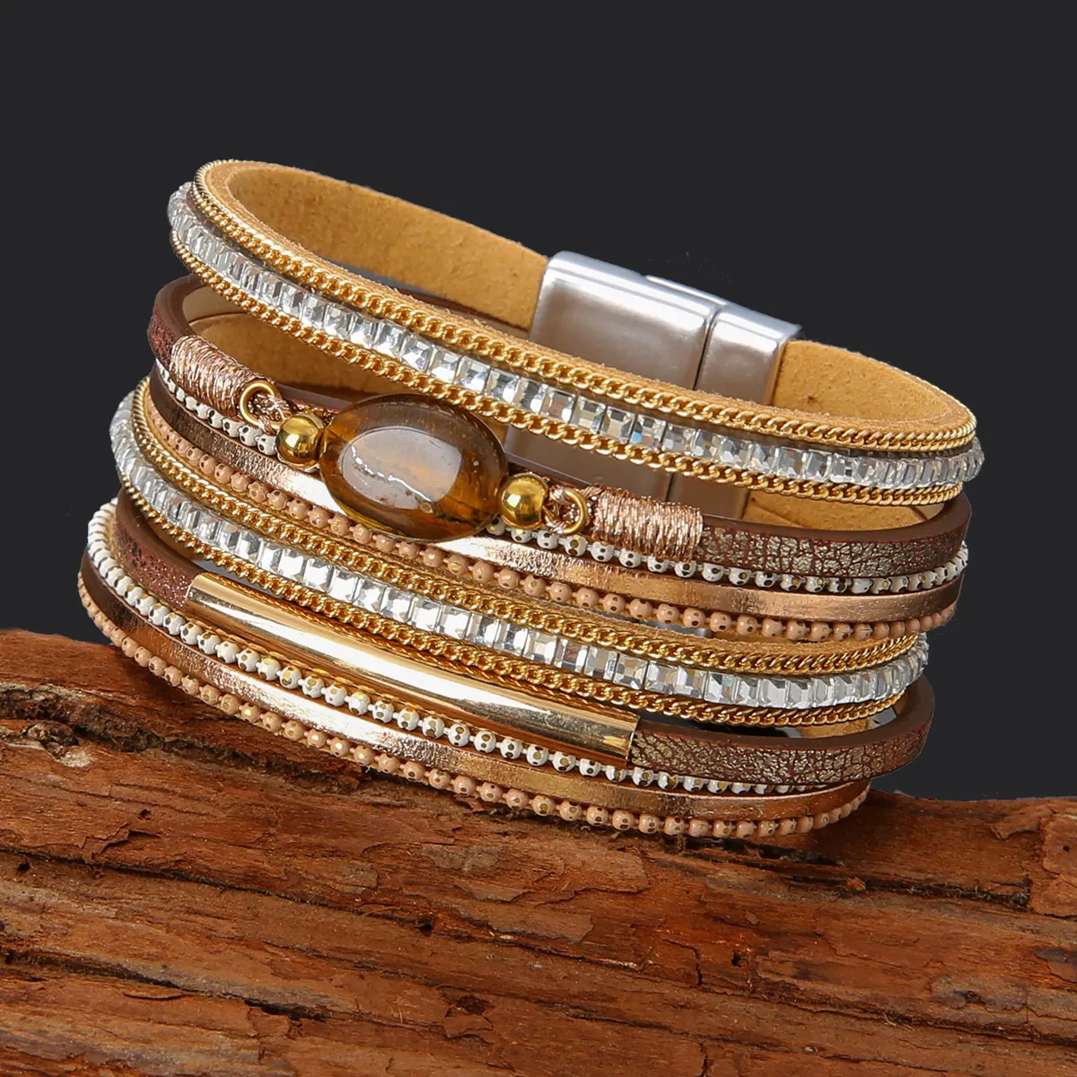women fashion magnetic buckle multi-layer braided genuine leather natrual stone bracelet gift high quality factory direct