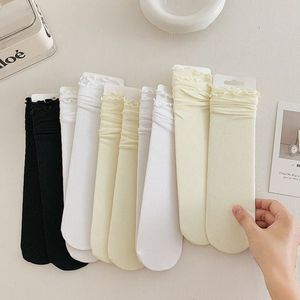 Women's Summer Thin Lace Mid Calf Slouch Socks With Ruffled Edges Seamless Japanese Style White Sweet Solid Color Socks - Product Image 1