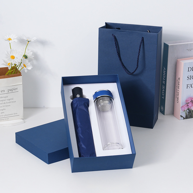 Coffret bleu avec tasse parapluie en verre automatique