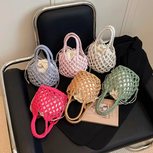 Bolso de playa de paja tejido a mano de 6 colores, bolso de red de ganchillo hueco, bolso de mano de verano, cartera de viaje colorida para mujer, bolso de cubo para la playa - Product Image 1
