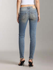 <span class=keywords><strong>Jeans</strong></span> <span class=keywords><strong>Skinny</strong></span> Vintage da Donna Blu Chiaro a <span class=keywords><strong>Vita</strong></span> <span class=keywords><strong>Bassa</strong></span> in Denim Elasticizzato con Orlo Sfilacciato Casual Lavabile con Rivetti - Product Image 4