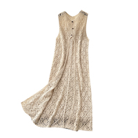 Robe midi d'été sans manches en tricot crochet pour femme, col rond, fente, boutonnée sur le devant, style cache-cœur superposé