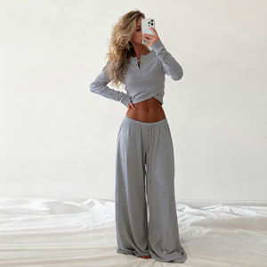 Conjunto de Dos Piezas de Ropa Informal para Mujer, Pantalones de Punto Acanalado con Cordón, Color Sólido, Corte Holgado, Cierre con Lazo Frontal, Casual, Ecológico, Transpirable - Product Image 1