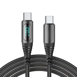 Kabel pengisi daya cepat, aksesori ponsel Android tampilan LED nilon kepang PD USB C ke USB Tipe C 100W 66W 27W