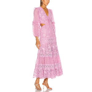 Abito lungo da donna elegante a vita alta con scollo a vita alta a <span class=keywords><strong>maniche</strong></span> <span class=keywords><strong>lunghe</strong></span> in pizzo rosa arricciato a <span class=keywords><strong>maniche</strong></span> <span class=keywords><strong>lunghe</strong></span> - Product Image 3