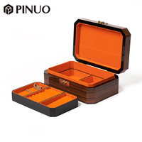Boîte de rangement à bijoux en bois personnalisée PINUO, plateau en velours orange, boîte à bijoux portable, boîte à bijoux pour collier, boucles d'oreilles, bracelet, pour femmes