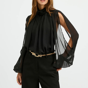 Elegante Blusa Negra Transparente con Manga Transparente, Cuello Alto, Hombro Descubierto y Diseño <span class=keywords><strong>de</strong></span> Espalda Abierta <span class=keywords><strong>para</strong></span> Elegancia Nocturna y Glamour <span class=keywords><strong>de</strong></span> Fiesta - Product Image 1
