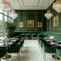 Luxueuze Emerald Square Sintered Stone Tafel met fluwelen stoel en gebogen metalen onderstel, booth zitmeubilair voor restaurant en koffieshop