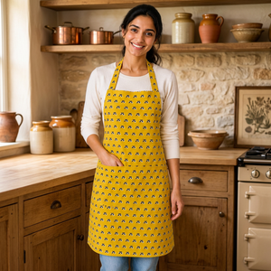 Tablier en mélange de coton et de lin de qualité supérieure |   Tablier à bretelles imprimé floral jaune avec grande poche avant |   Cuisine réglable pour la préparation des aliments - Product Image 2