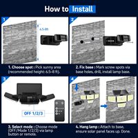 Projecteur solaire LED extérieur 4 têtes étanche avec détecteur de mouvement et télécommande, panneau solaire séparé pour jardin et ferme