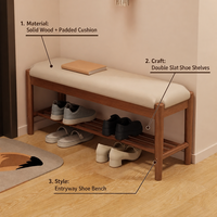 Banc de rangement pour chaussures en bois avec coussin en similicuir crème et étagère à lattes pour entrée, couloir, maison