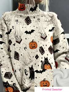 Maglione da Donna con Stampa Fantasma, Zucca e Gatto Nero per Halloween, Pullover Lavorato a <span class=keywords><strong>Maglia</strong></span> con Collo Alto, Personalizzabile per Uso Quotidiano e Festivo - Product Image 1