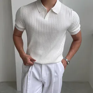 T-shirt de golf pour <span class=keywords><strong>homme</strong></span>, couleur unie, mode, col ouvert, respirant, tricoté, coupe ajustée, rayé, personnalisable, pour sports d'été et loisirs - Product Image 1