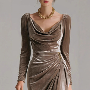 Abiti da sera lunghi da donna 2026 in velluto casual, anti-piega, a vita alta, sexy, a maniche lunghe, modellanti e plissettati - Product Image 3