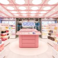 Ensemble de meubles de présentation pour magasin de cosmétiques personnalisés, kiosque rond rose pour la présentation des rouges à lèvres, décoration intérieure pour boutique de maquillage