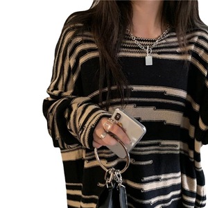 Pull en tricot rayé pour femme, manches longues, coupe ample, col rond, décontracté, pour l'automne et l'hiver - Product Image 5