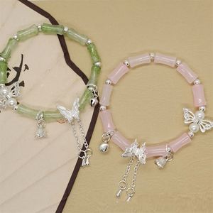 Bracelet en perles de bambou chinois tendance avec pendentif clochette et papillon, bijou en verre de qualité supérieure pour femme - Product Image 3