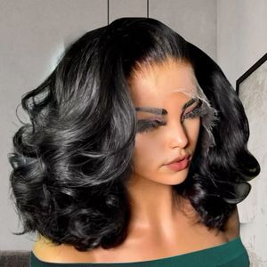 Perruque Courte Bob Ondulée Body Wave <span class=keywords><strong>Femme</strong></span> Noire 13x4 Full Frontal, <span class=keywords><strong>Cheveux</strong></span> Humains Style Ocean Wave, 12 Pouces - Product Image 1