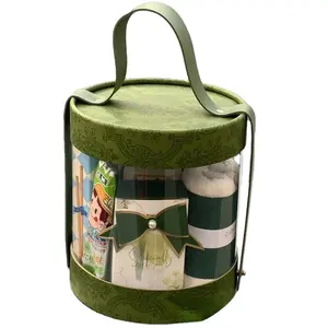 PVC Round transparent carrying box Green cEmpty box snacks hug bucket packaging flower gift box