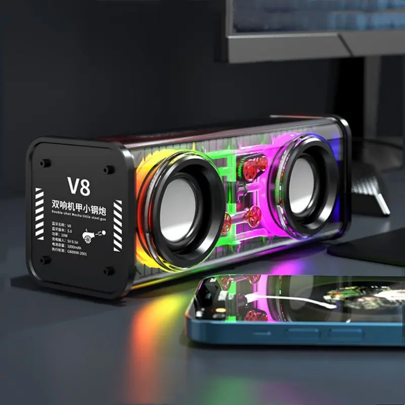 V8 Transparente Mecha Bluetooth Speaker TWS Interligado Colorido LED Alta Potência Subwoofer De Longo Alcance