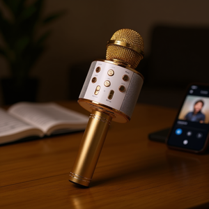 Micrófono Recargable Myrva con Cuerpo Metálico Dorado y Botones para Karaoke y Grabación - Product Image 2