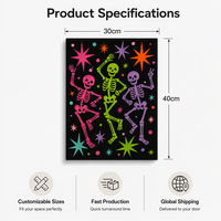 Nouvelle Arrivée : Décoration Murale Carrée en Toile LED Imprimée Halloween – Squelette Dansant Ludique et Étoile – Impression Personnalisée pour les Fêtes