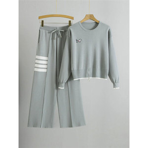 Ensemble tricoté 2 pièces tendance pour <span class=keywords><strong>femme</strong></span>, style européen <span class=keywords><strong>automne</strong></span> 2026, pull décontracté sportif et pantalon ample à jambes larges, <span class=keywords><strong>tenue</strong></span> chic - Product Image 1