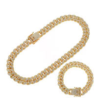 Ensemble de bijoux chaîne cubaine et bracelet en alliage couleur or et argent, largeur 13 mm, style hip-hop, entièrement serti de strass sur deux rangées, stock usine
