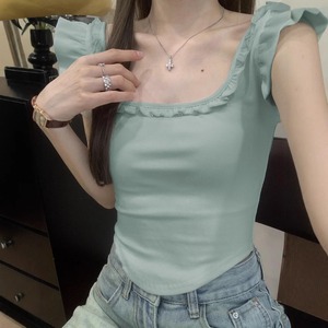 T-shirt da donna con scollo quadrato alla francese, maniche corte arricciate, design irregolare con fiocco, <span class=keywords><strong>top</strong></span> estivo 2026, puro e <span class=keywords><strong>sexy</strong></span> - Product Image 6