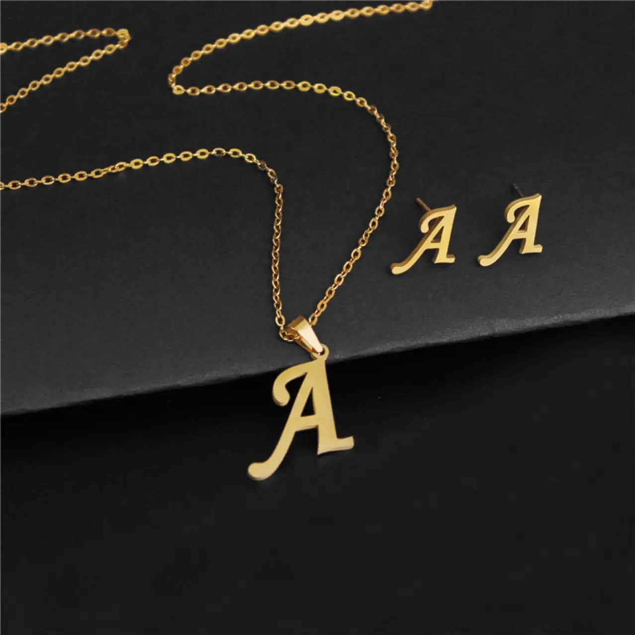 18 K Gold English letters A to Z Stainless Steel Pendant Clavicle Chain Necklace Earring Set