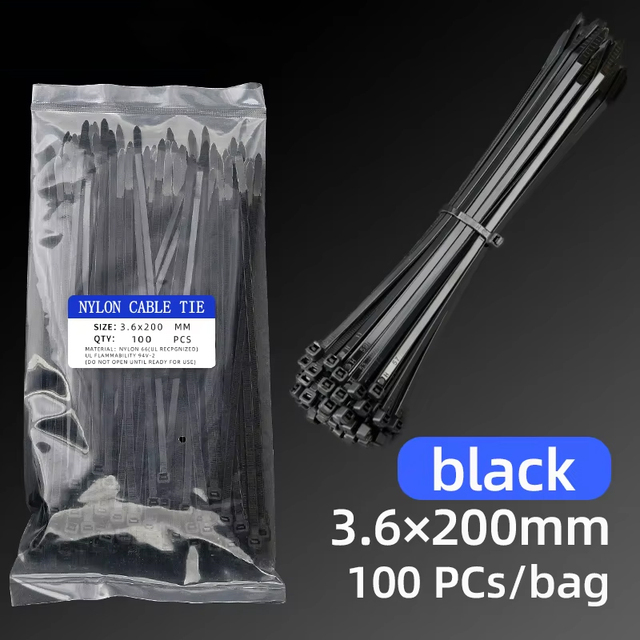 China Factory Self-Locking Nylon Cable Tie Black 4*200mm 8 Inch Anti-UV 40lb Tension 3.6mm 100pcs for Electrical Cables