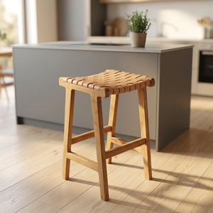 Minimalist Brown Woven Teak <b>Bar</b> <b>Stool</b> Leather Chairs Wood Furniture for Villa Application - Product Image 2