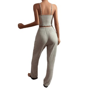 Ensemble deux pièces pour pyjama femme, style européen et américain, composé d'un débardeur côtelé épais et d'un pantalon. - Product Image 5