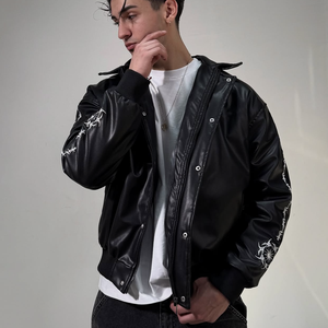 <span class=keywords><strong>Bomber</strong></span> <span class=keywords><strong>Bomber</strong></span> personalizzato <span class=keywords><strong>oversize</strong></span> da uomo giacca di pelle nera <span class=keywords><strong>Bomber</strong></span> di alta qualità - Product Image 1