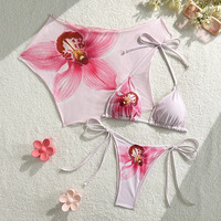 Xuanlang – Nouveauté Ensemble trois pièces de maillot de bain bikini pour femme, à lacets, imprimé léopard, à carreaux et fleurs, épaules dénudées, pour la plage