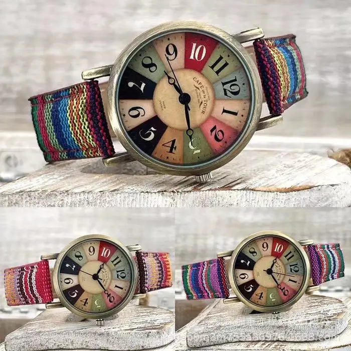 बहु रंग इंद्रधनुष पैटर्न घड़ियों ऊर्जा Boho हिप्पी अद्भुत घड़ियों उपहार महिलाओं के लिए पु चमड़े बुना का पट्टा घड़ियाँ