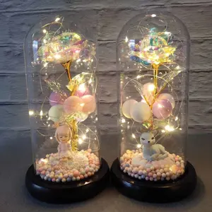 A-1405 Colorful Gold Foil Galaxy Rose Flower with LED Light In Glass Dome On Black Wooden Base