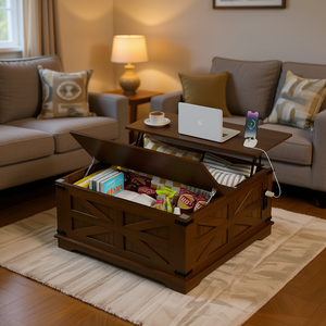 Tavolino da Caffè Stile Fattoria 36 Pollici con Piano Sollevabile, Ricarica USB e Vano Nascosto, Base in Legno, Arredamento per Soggiorno - Product Image 2