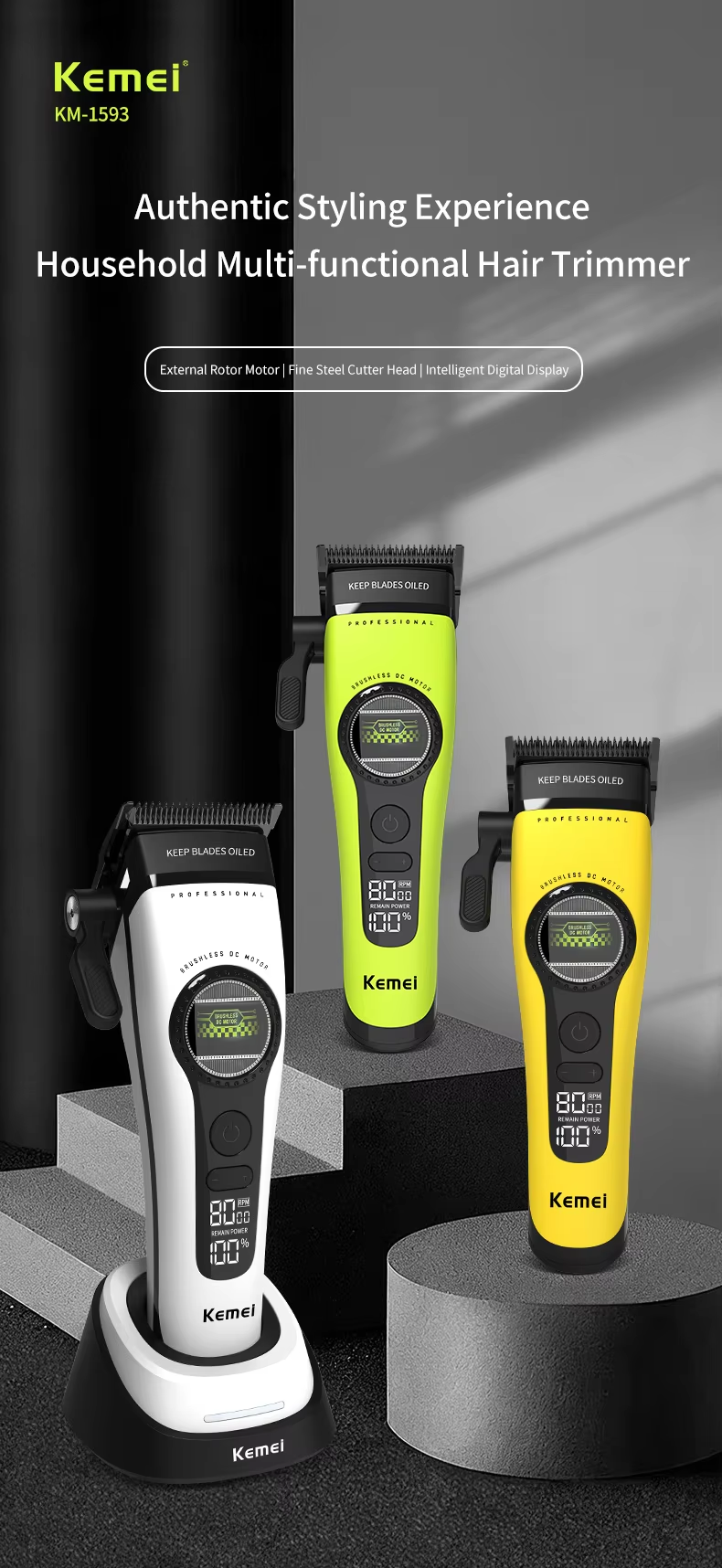Kemei KM-1593 Barber Clipper - 8000rpm External Brushless Motor