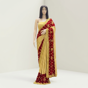 Premium <b>Velvet</b> <b>Saree</b> with Malai Silk Blouse Intricate Heavy Embroidery Elegant Fancy Border Festive Party Wear - Product Image 5