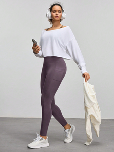 Leggings Yoga a Vita Alta, Lunghi, Viola Tinta Unita, con Tasche, Senza Cuciture, Traspiranti, Elasticizzati in Quattro Direzioni, Taglia XXL - Product Image 4