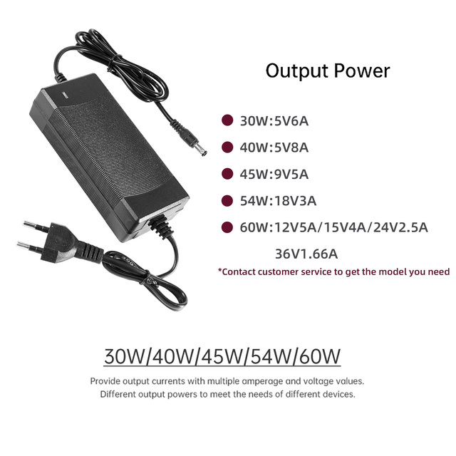 30W Desktop Power Adapter Full Power Supply AC100-240V DC5V/9V/12V/15V/24V/36V Output 3A 40W-60W ABS Material Single Output